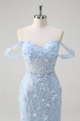 Blaues Meerjungfrau Schulterfreies Pailletten Korsett Ballkleid mit Blumenmuster
