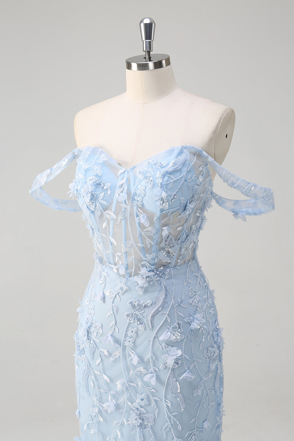 Blaues Meerjungfrau Schulterfreies Pailletten Korsett Ballkleid mit Blumenmuster
