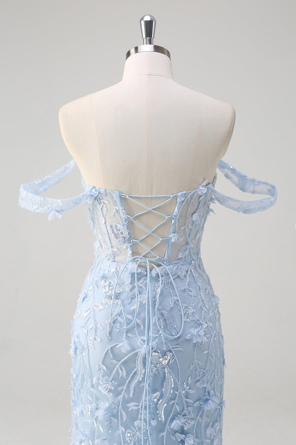 Blaues Meerjungfrau Schulterfreies Pailletten Korsett Ballkleid mit Blumenmuster