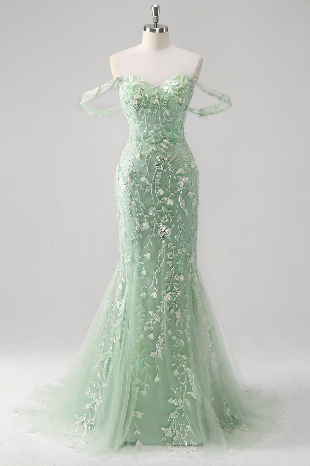 Blaues Meerjungfrau Schulterfreies Pailletten Korsett Ballkleid mit Blumenmuster
