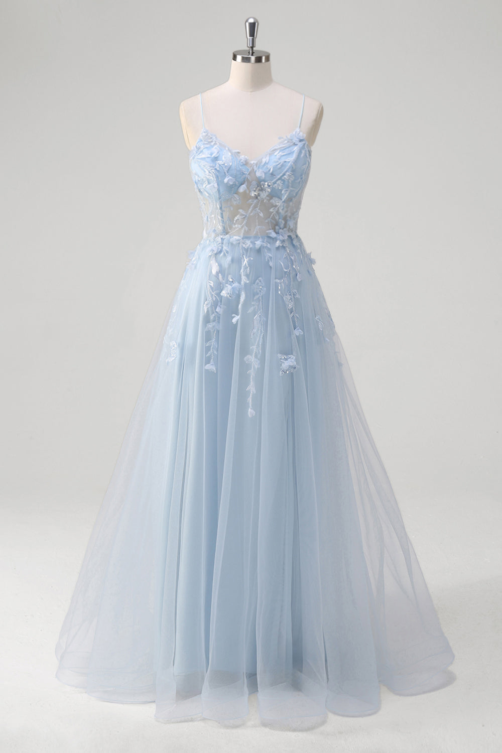 ZAPAKA Damen Blaues A Linie Ballkleid Blumen Spaghettiträger V-Ausschnitt Appliziertes Korsett Langes Abendkleid mit Tüll