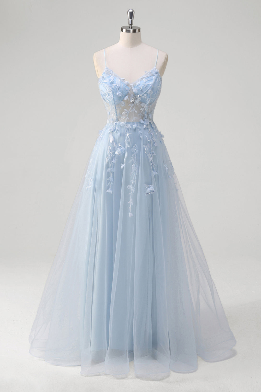 A-Linie Tüll Spaghettiträger Korsett Applikation Blaues Ballkleid mit Schlitz