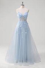 ZAPAKA Damen Blaues A Linie Ballkleid Blumen Spaghettiträger V-Ausschnitt Appliziertes Korsett Langes Abendkleid mit Tüll