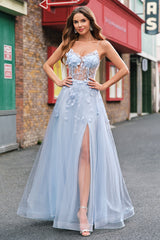 ZAPAKA Damen Blaues A Linie Ballkleid Blumen Spaghettiträger V-Ausschnitt Appliziertes Korsett Langes Abendkleid mit Tüll