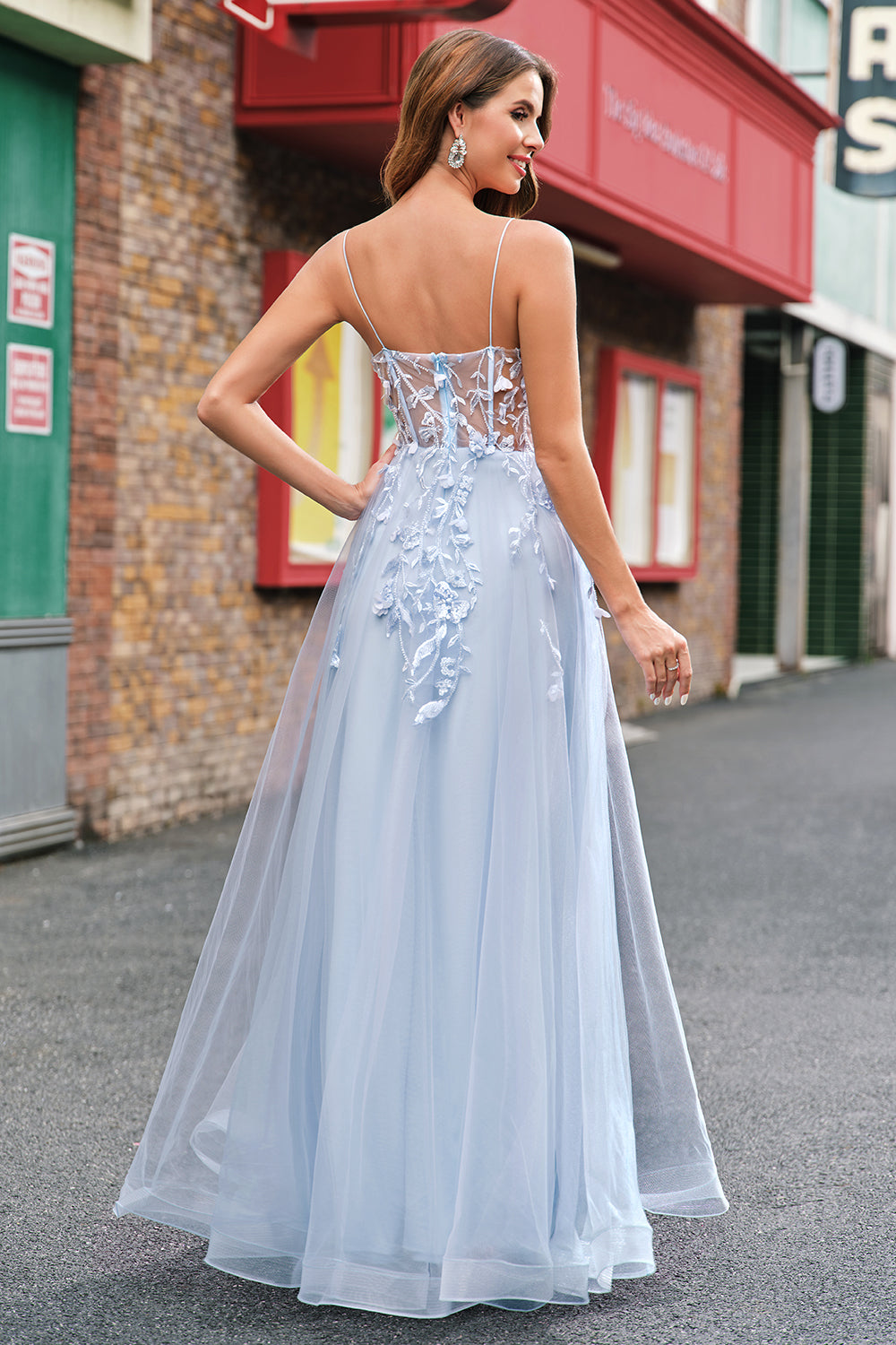 A-Linie Tüll Spaghettiträger Korsett Applikation Blaues Ballkleid mit Schlitz