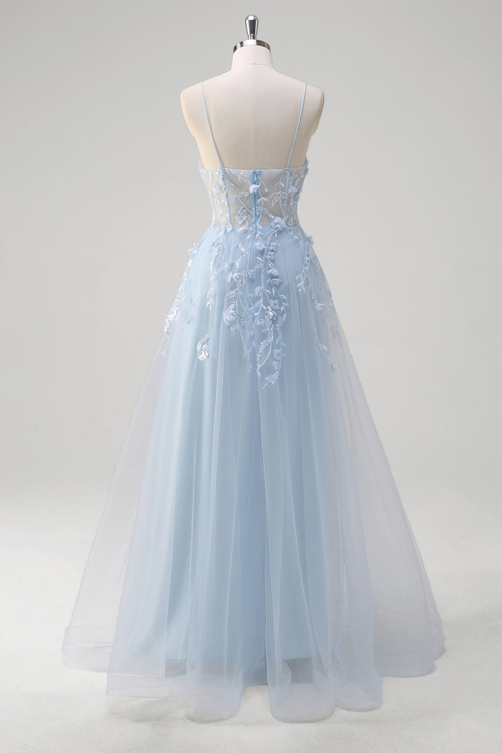 A-Linie Tüll Spaghettiträger Korsett Applikation Blaues Ballkleid mit Schlitz