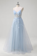 Blaues Langes A-Linie Korsett Tüll Ballkleid mit Spaghettiträgern und Applikationen