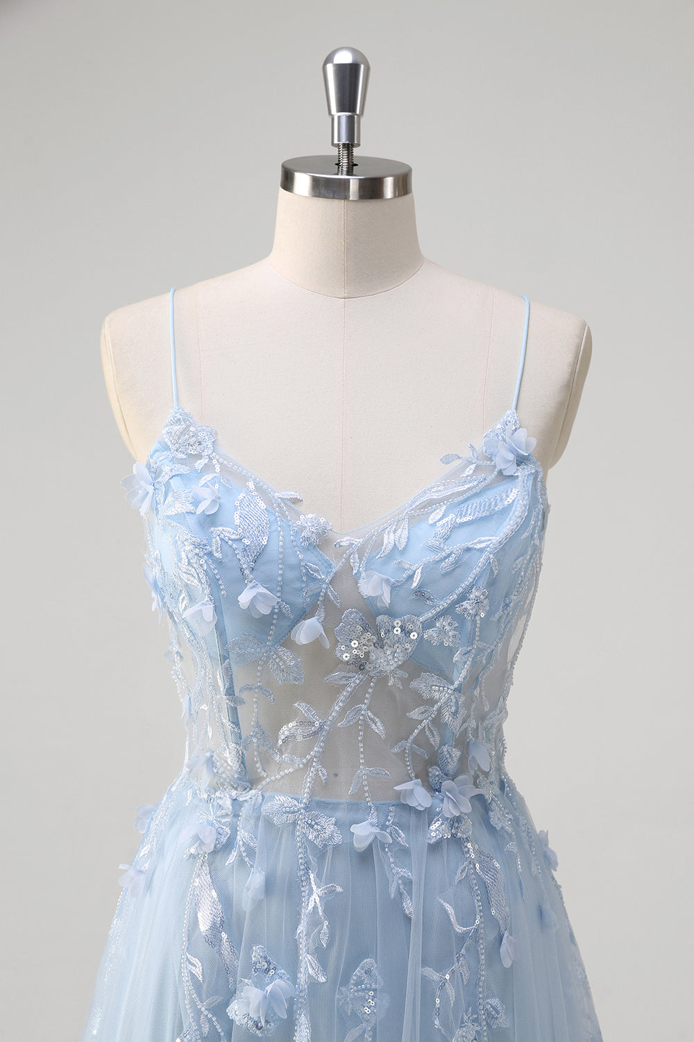 Blaues Langes A-Linie Korsett Tüll Ballkleid mit Spaghettiträgern und Applikationen
