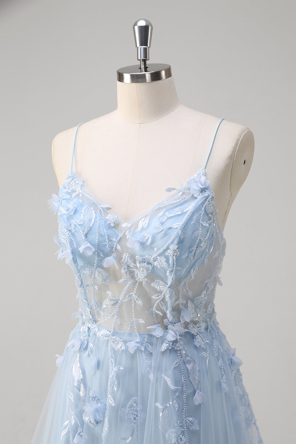 Blaues Langes A-Linie Korsett Tüll Ballkleid mit Spaghettiträgern und Applikationen
