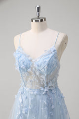 Blaues Langes A-Linie Korsett Tüll Ballkleid mit Spaghettiträgern und Applikationen