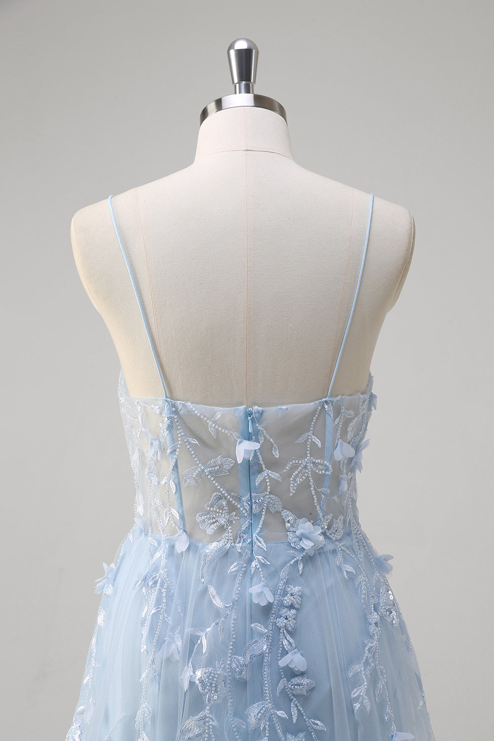 Blaues Langes A-Linie Korsett Tüll Ballkleid mit Spaghettiträgern und Applikationen