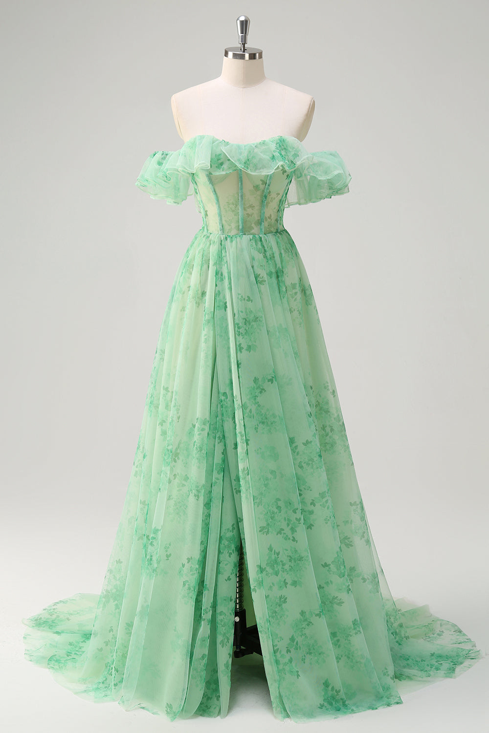 Grünes schulterfreies Druck Ballkleid mit Rüschen und Schlitz