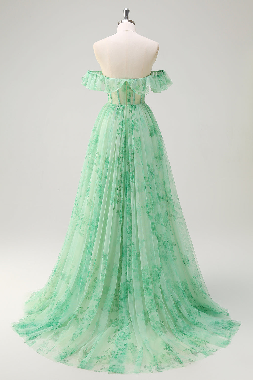 Grünes schulterfreies Druck Ballkleid mit Rüschen und Schlitz