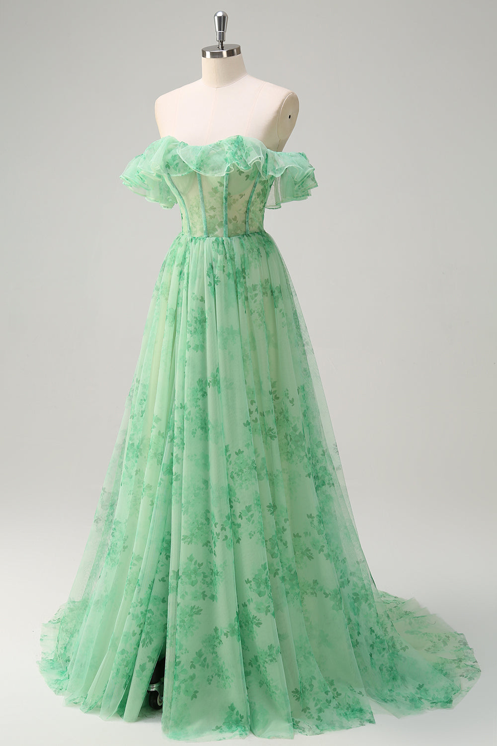 Grünes schulterfreies Druck Ballkleid mit Rüschen und Schlitz
