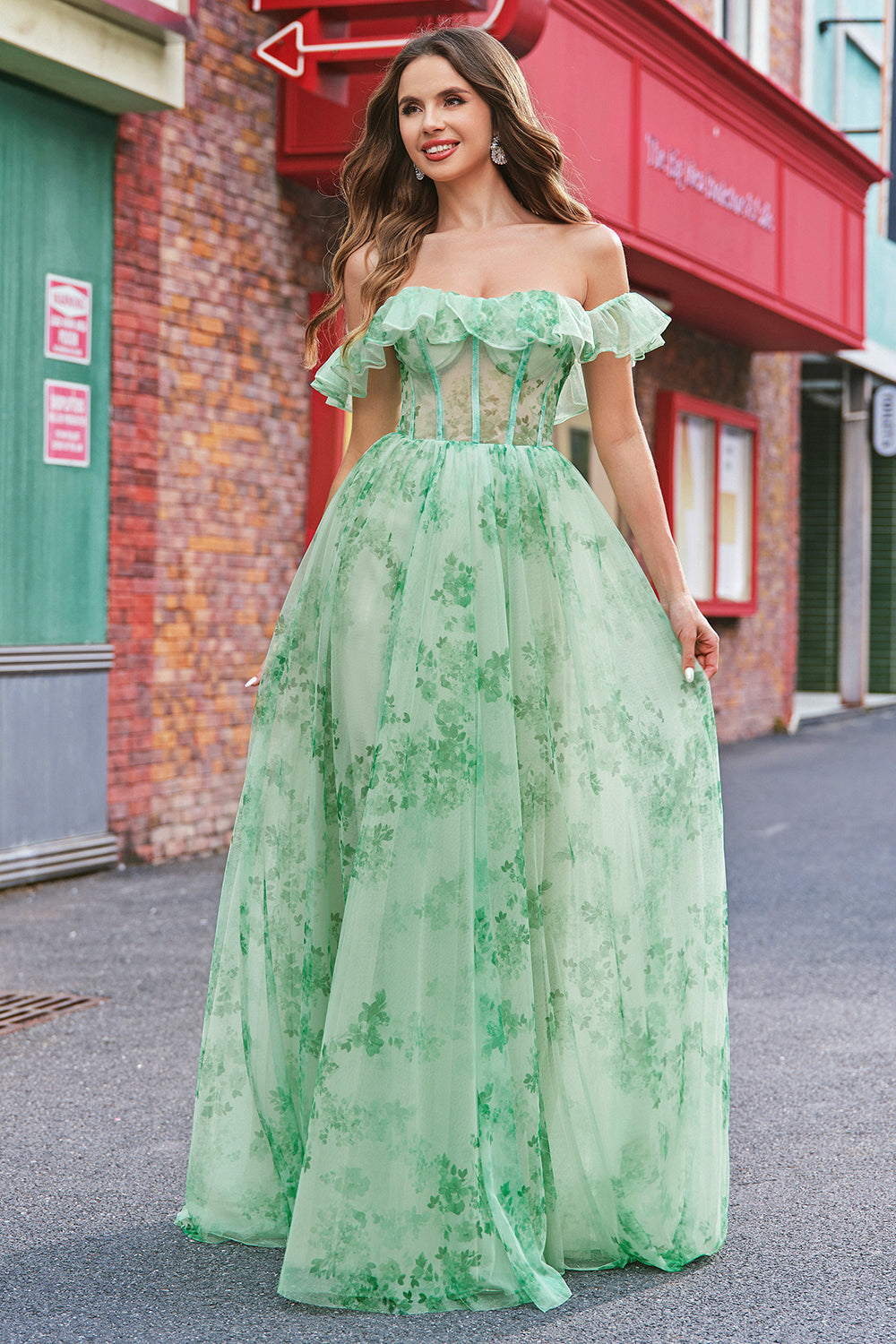 Blumen A Linie Schulterfreies Korsett Langes Grünes Ballkleid