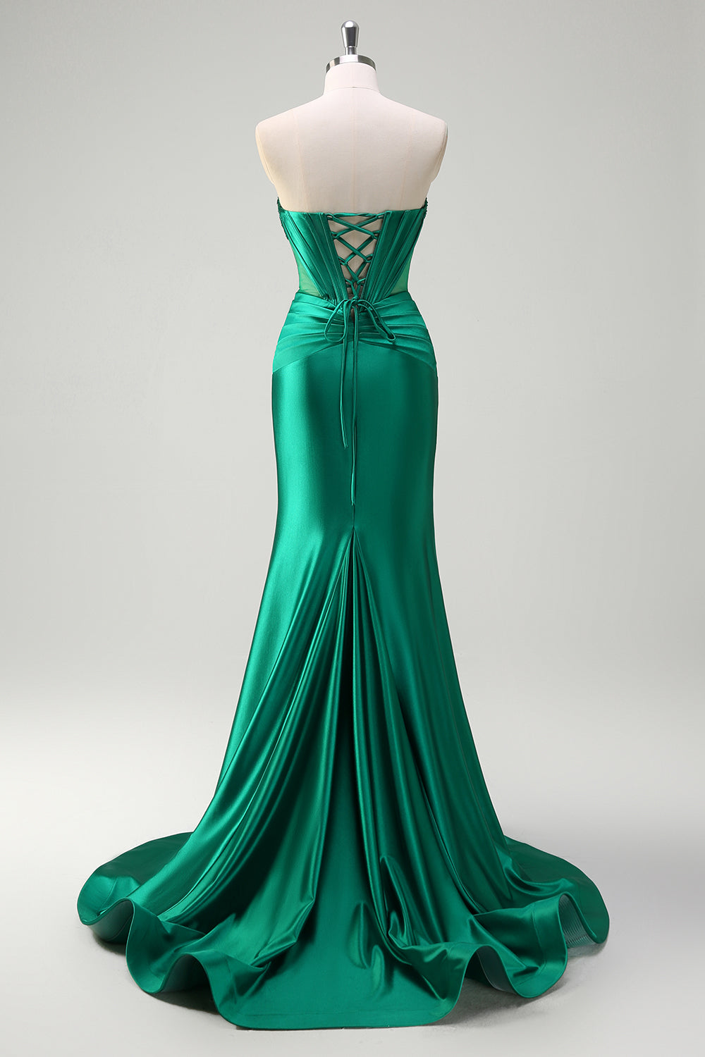 Glitzerndes dunkelgrünes Meerjungfrauen trägerloses perlenbesetztes Satin Ballkleid mit Schlitz