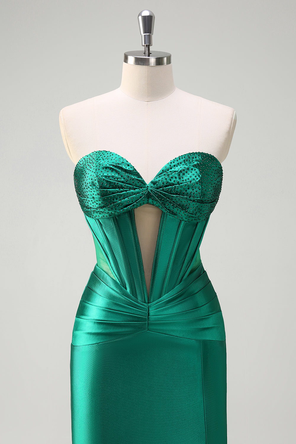 Glitzerndes dunkelgrünes Meerjungfrauen trägerloses perlenbesetztes Satin Ballkleid mit Schlitz