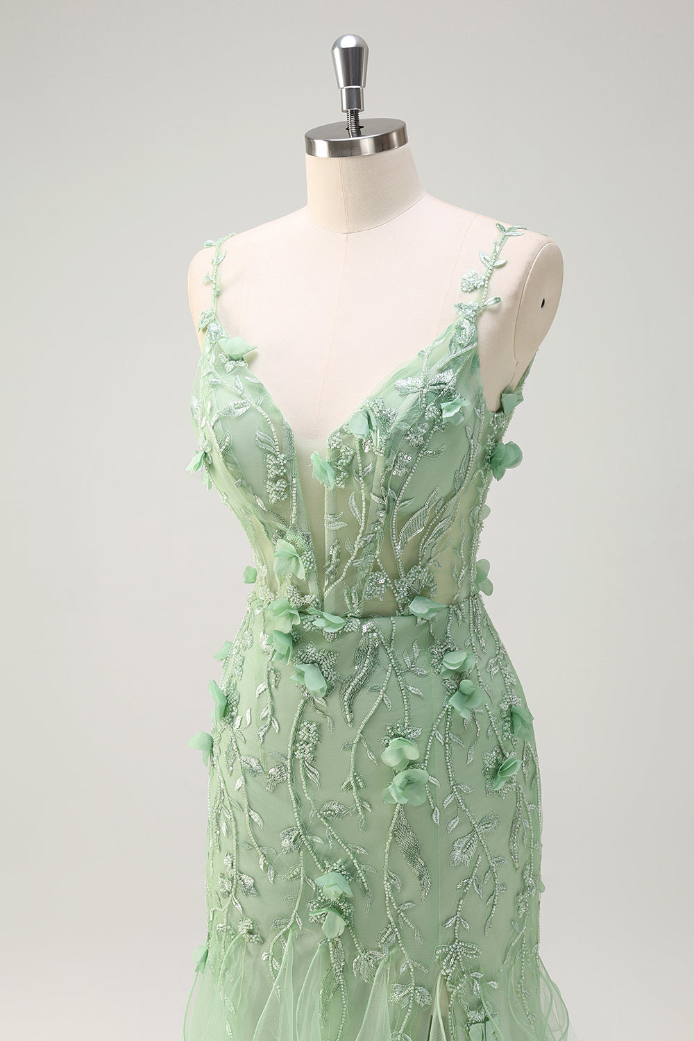 Grünes Meerjungfrau Spaghettiträger 3D Blumen Langes Ballkleid mit Schlitz