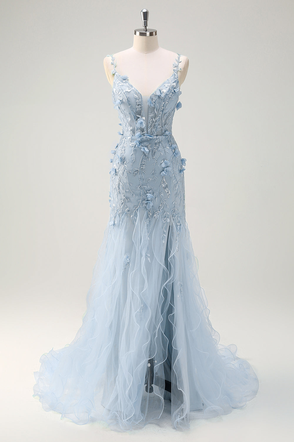 Meerjungfrau Grünes Korsett Spaghettiträger Langes Ballkleid mit 3D-Blumen
