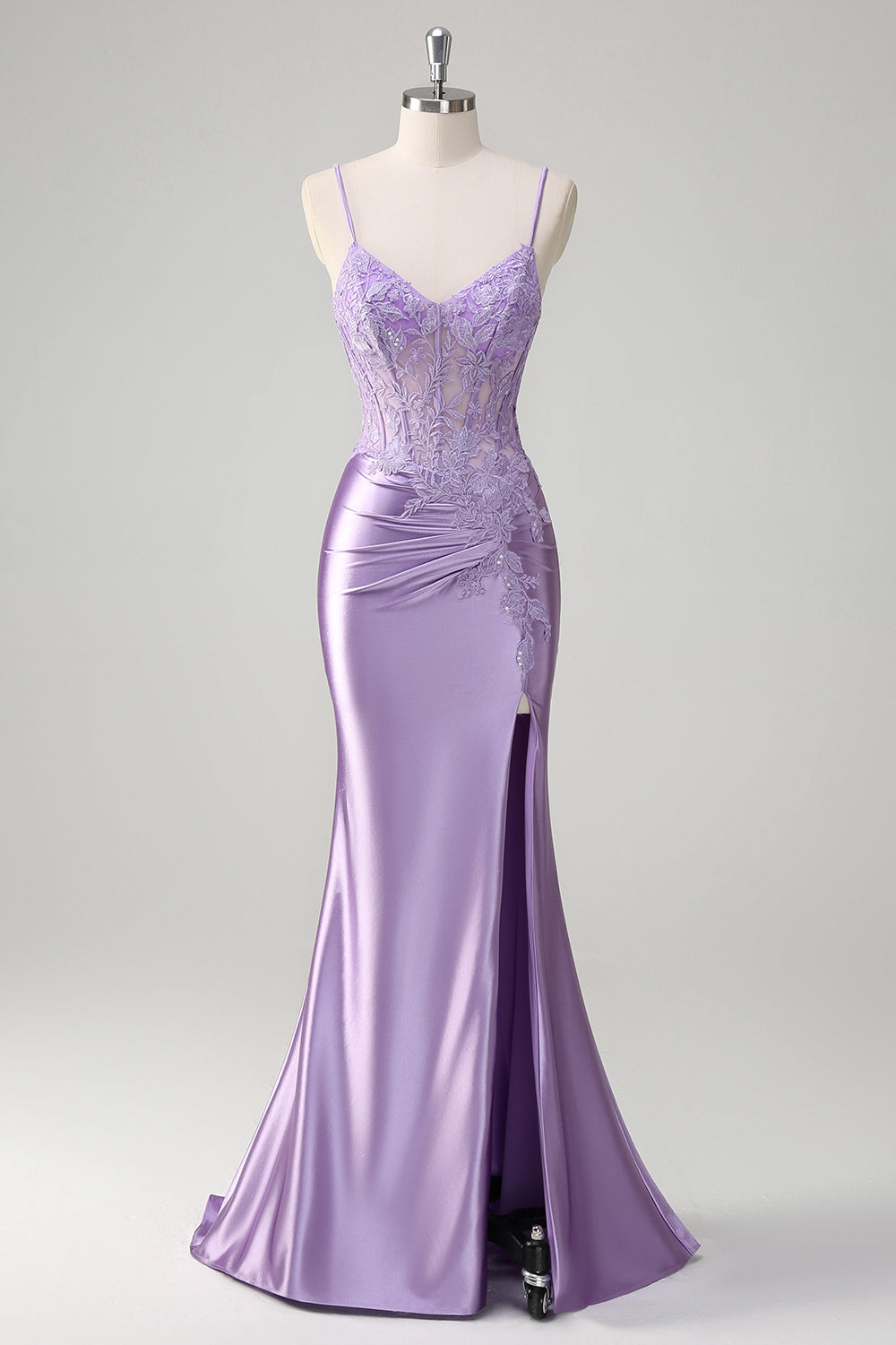 Zapaka Damen Flieder Ballkleid mit Applikationen Meerjungfrau Spaghettiträger Langes Abendkleid mit Schlitz