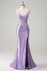 Zapaka Damen Flieder Ballkleid mit Applikationen Meerjungfrau Spaghettiträger Langes Abendkleid mit Schlitz