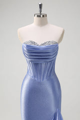 Glitzerndes grau-blaues Langes Meerjungfrauen Satin Abendkleid mit Schlitz
