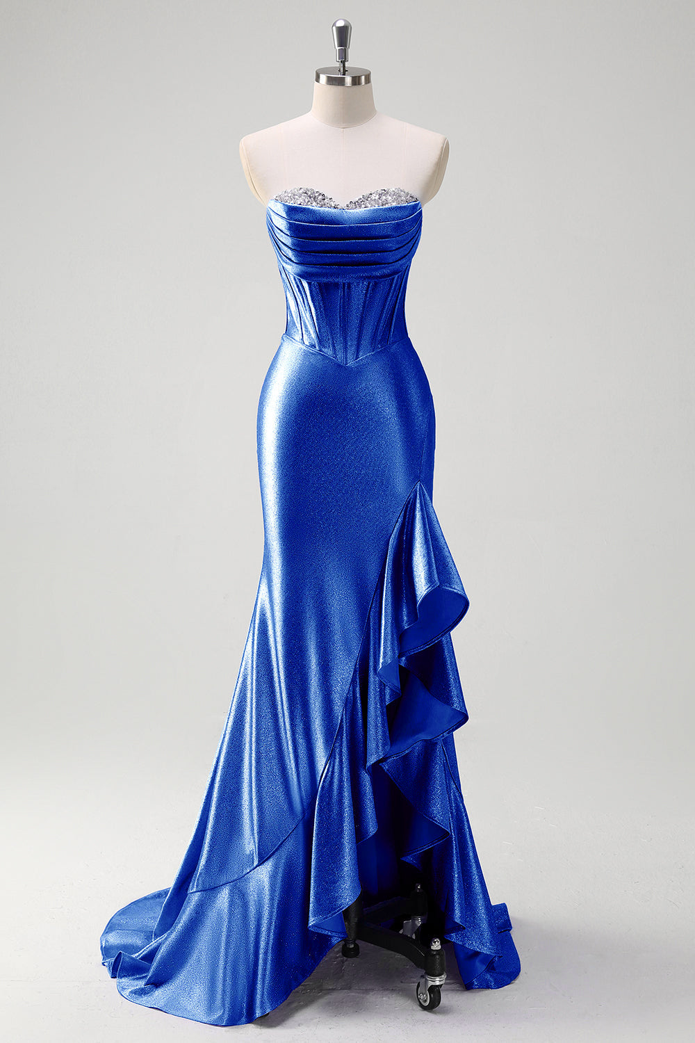 Glitzerndes grau-blaues Langes Meerjungfrauen Satin Abendkleid mit Schlitz