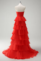 Orange Herzausschnitt Prinzessin Gestuftes Langes Ballkleid mit Schlitz
