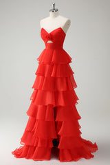Orange Herzausschnitt Prinzessin Gestuftes Langes Ballkleid mit Schlitz