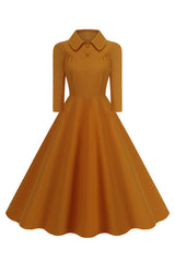 Gelbes Peter-Pan-Kragen Langärmeliges A-Linie Midikleid aus den 1950er Jahren