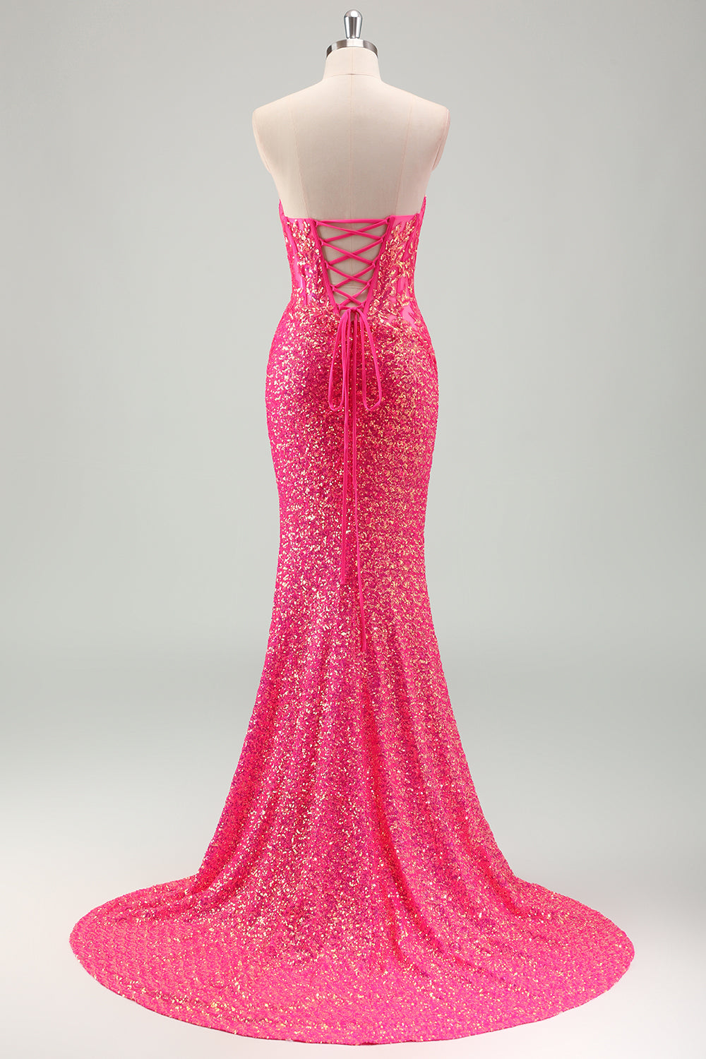 Funkelndes fuchsia Meerjungfrau trägerloses Korsett Pailletten Langes Ballkleid mit Schlitz