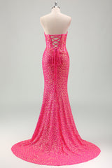 Funkelndes fuchsia Meerjungfrau trägerloses Korsett Pailletten Langes Ballkleid mit Schlitz