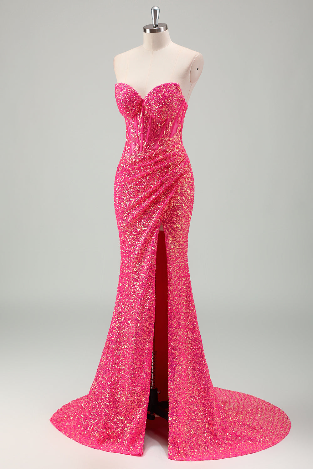 Funkelndes fuchsia Meerjungfrau trägerloses Korsett Pailletten Langes Ballkleid mit Schlitz