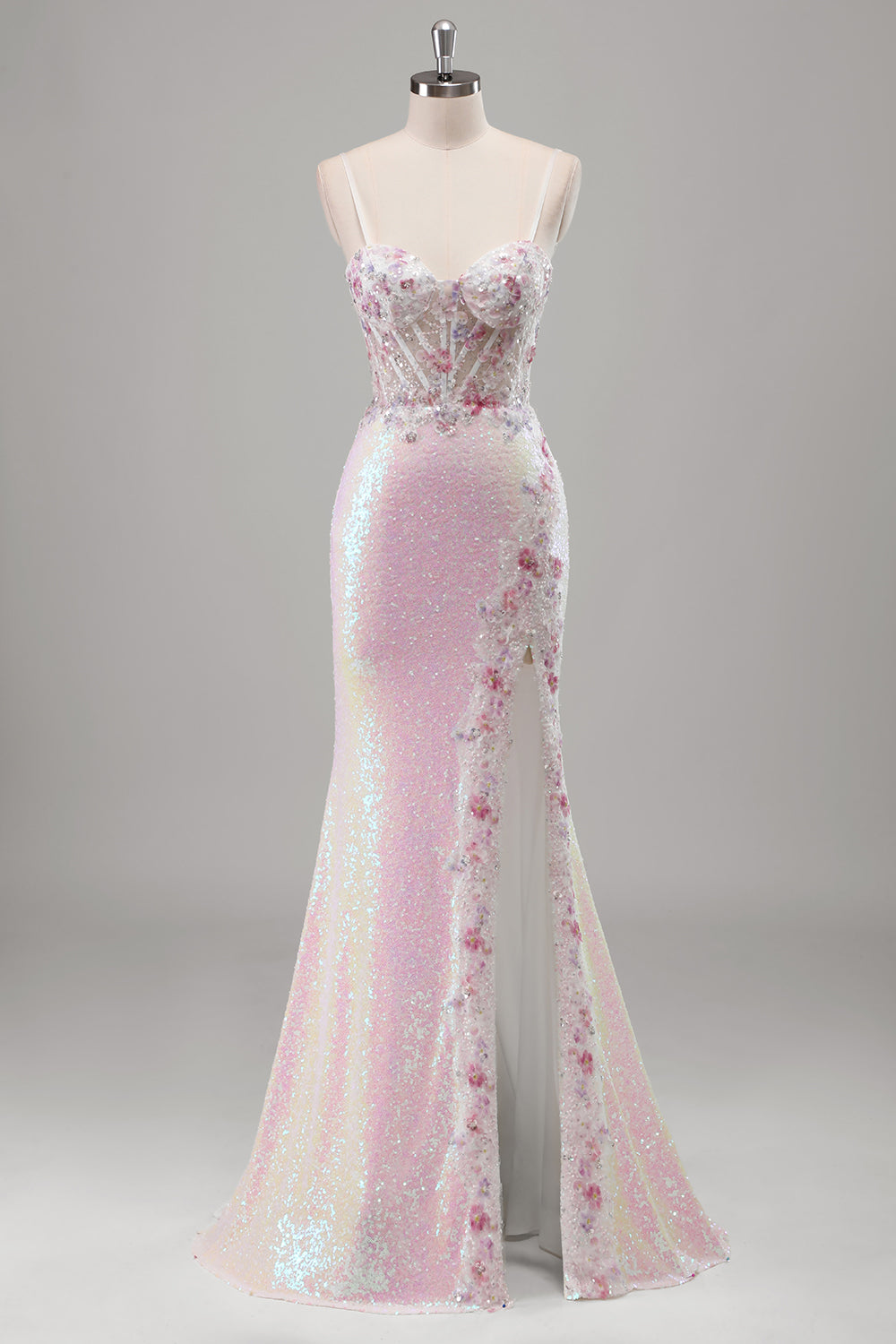 Funkelnde rosa Meerjungfrau Spaghettiträger Korsett Blumen Pailletten Langes Ballkleid mit Schlitz