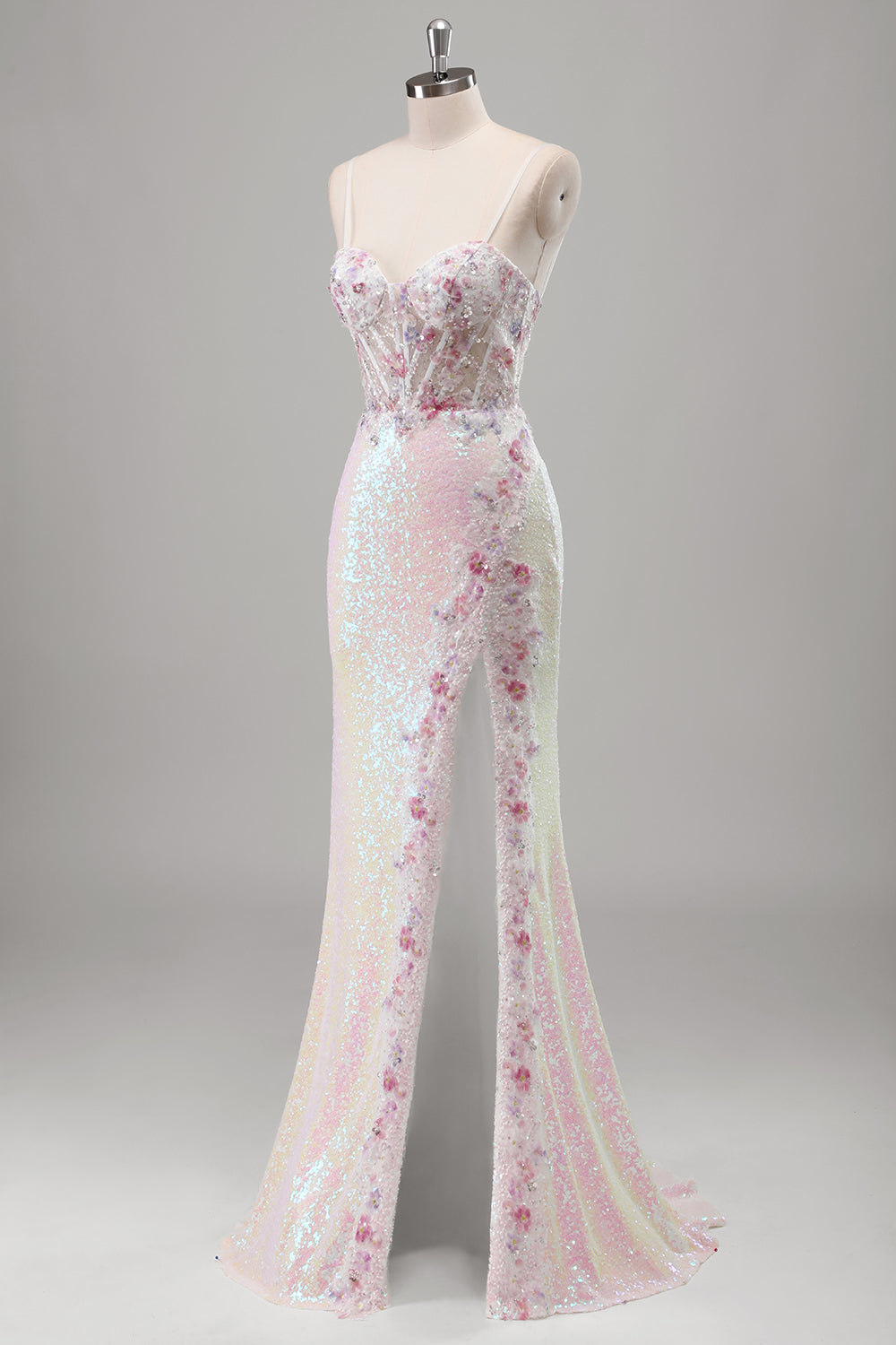 Funkelnde rosa Meerjungfrau Spaghettiträger Korsett Blumen Pailletten Langes Ballkleid mit Schlitz