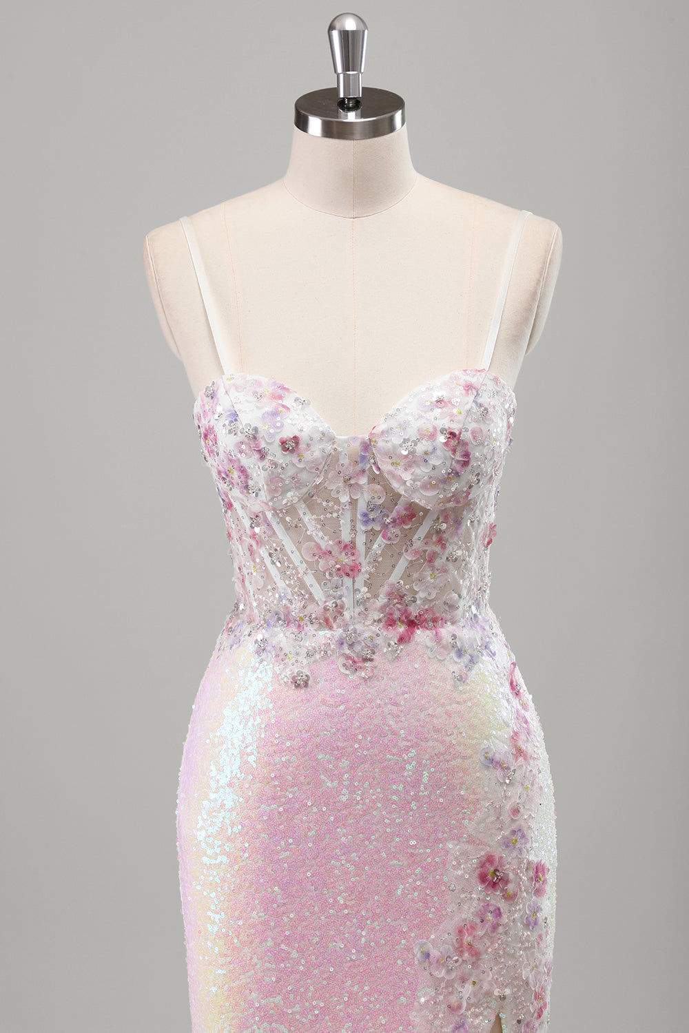 Funkelnde rosa Meerjungfrau Spaghettiträger Korsett Blumen Pailletten Langes Ballkleid mit Schlitz