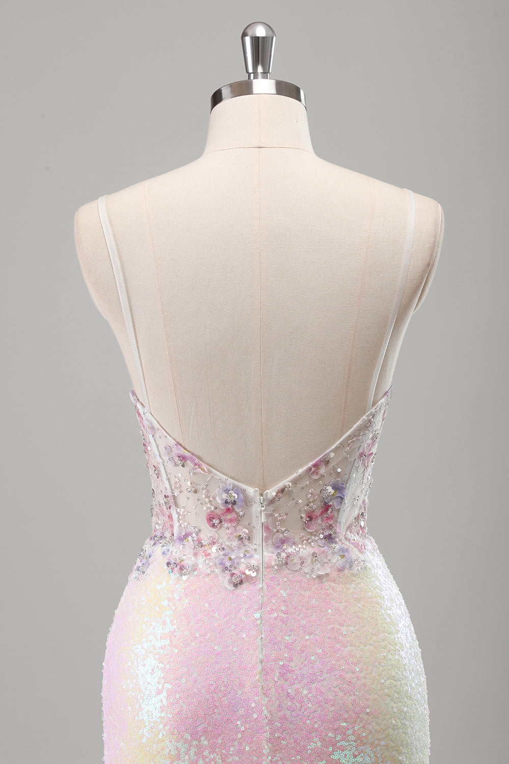 Funkelnde rosa Meerjungfrau Spaghettiträger Korsett Blumen Pailletten Langes Ballkleid mit Schlitz