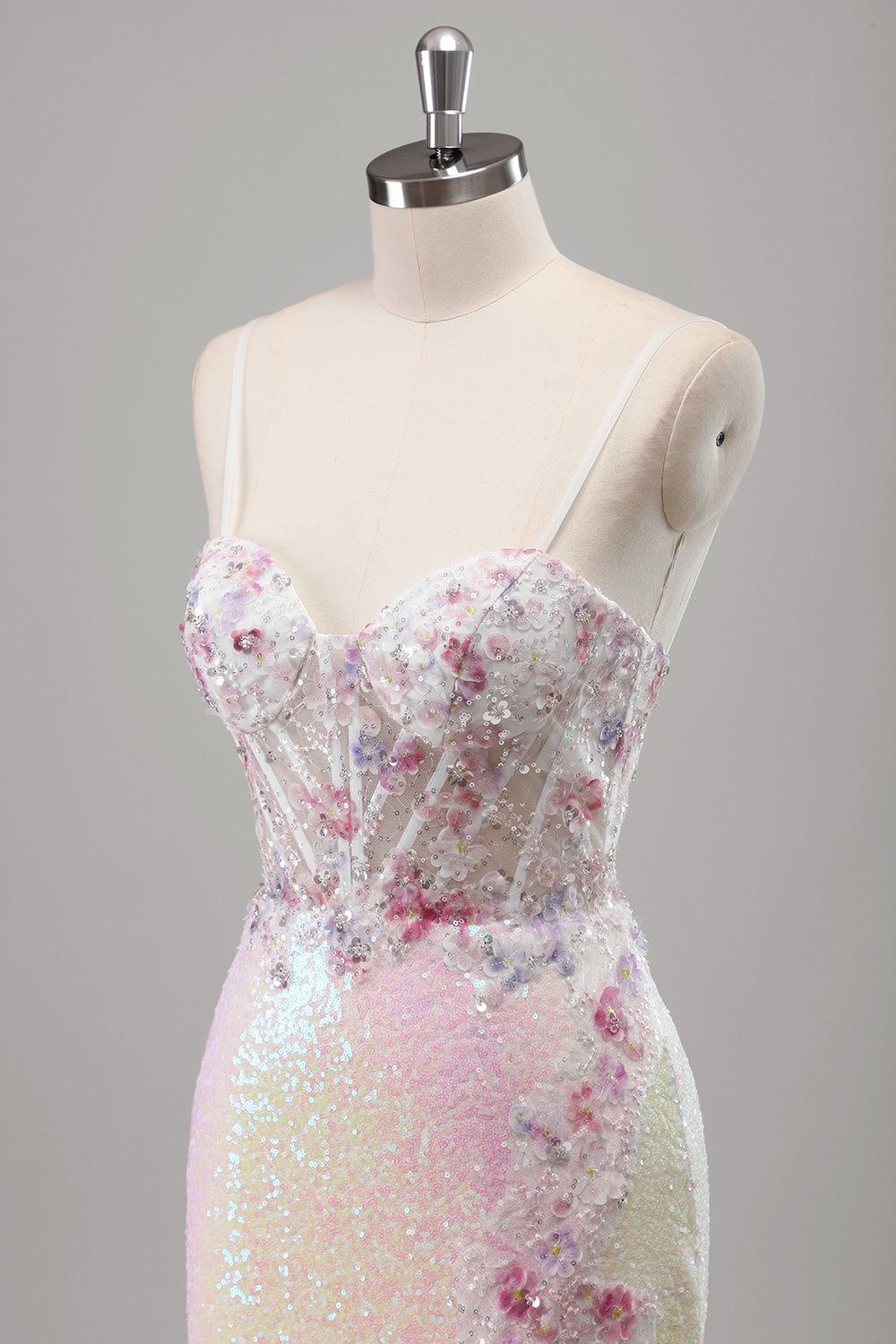 Funkelnde rosa Meerjungfrau Spaghettiträger Korsett Blumen Pailletten Langes Ballkleid mit Schlitz