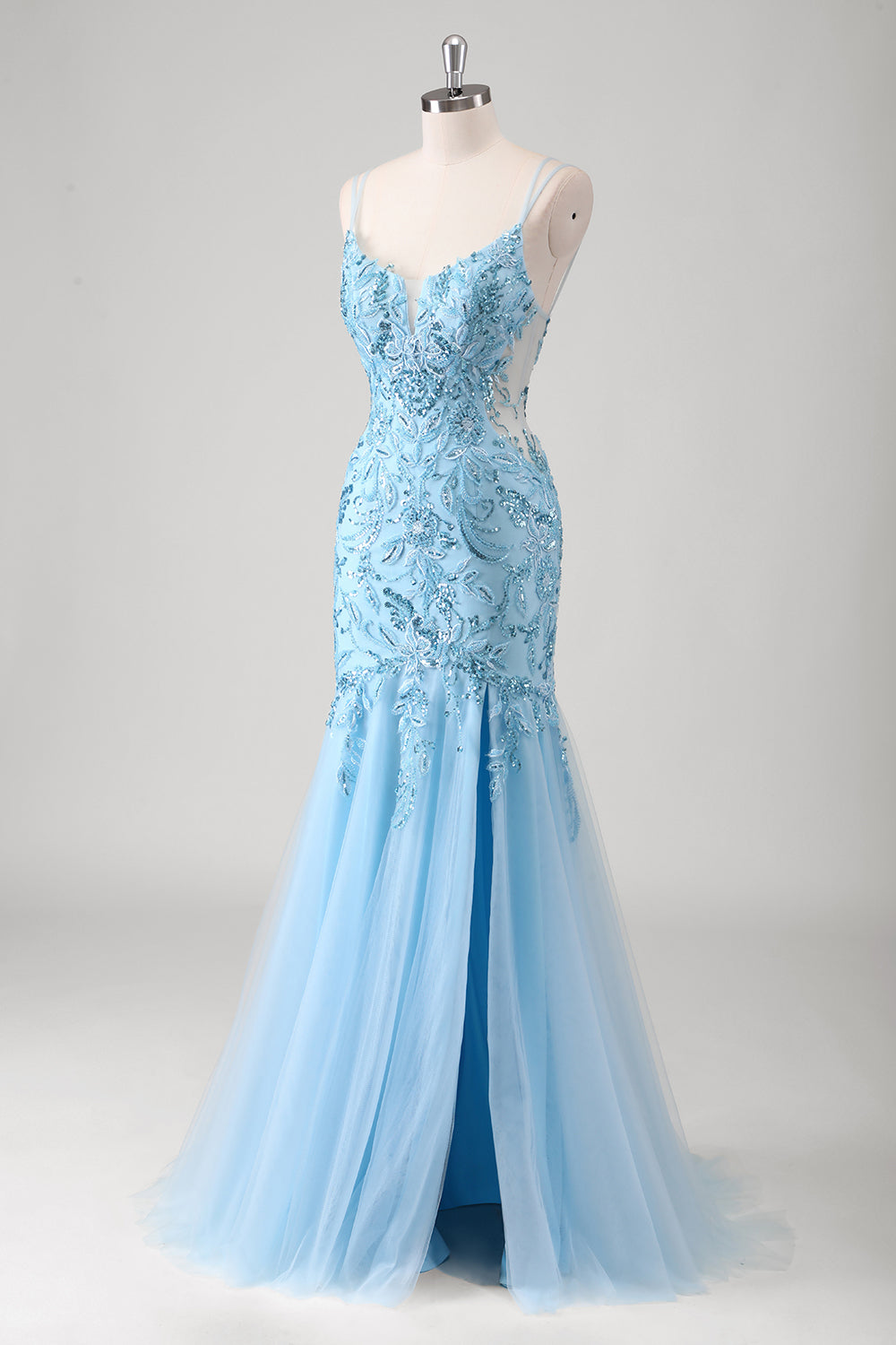 Blaues Meerjungfrau Spaghettiträger Appliziertes langes Ballkleid mit Schlitz