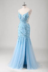 Blaues Meerjungfrau Spaghettiträger Appliziertes langes Ballkleid mit Schlitz