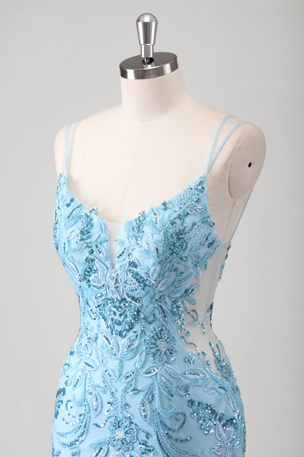 Blaues Meerjungfrau Spaghettiträger Appliziertes langes Ballkleid mit Schlitz