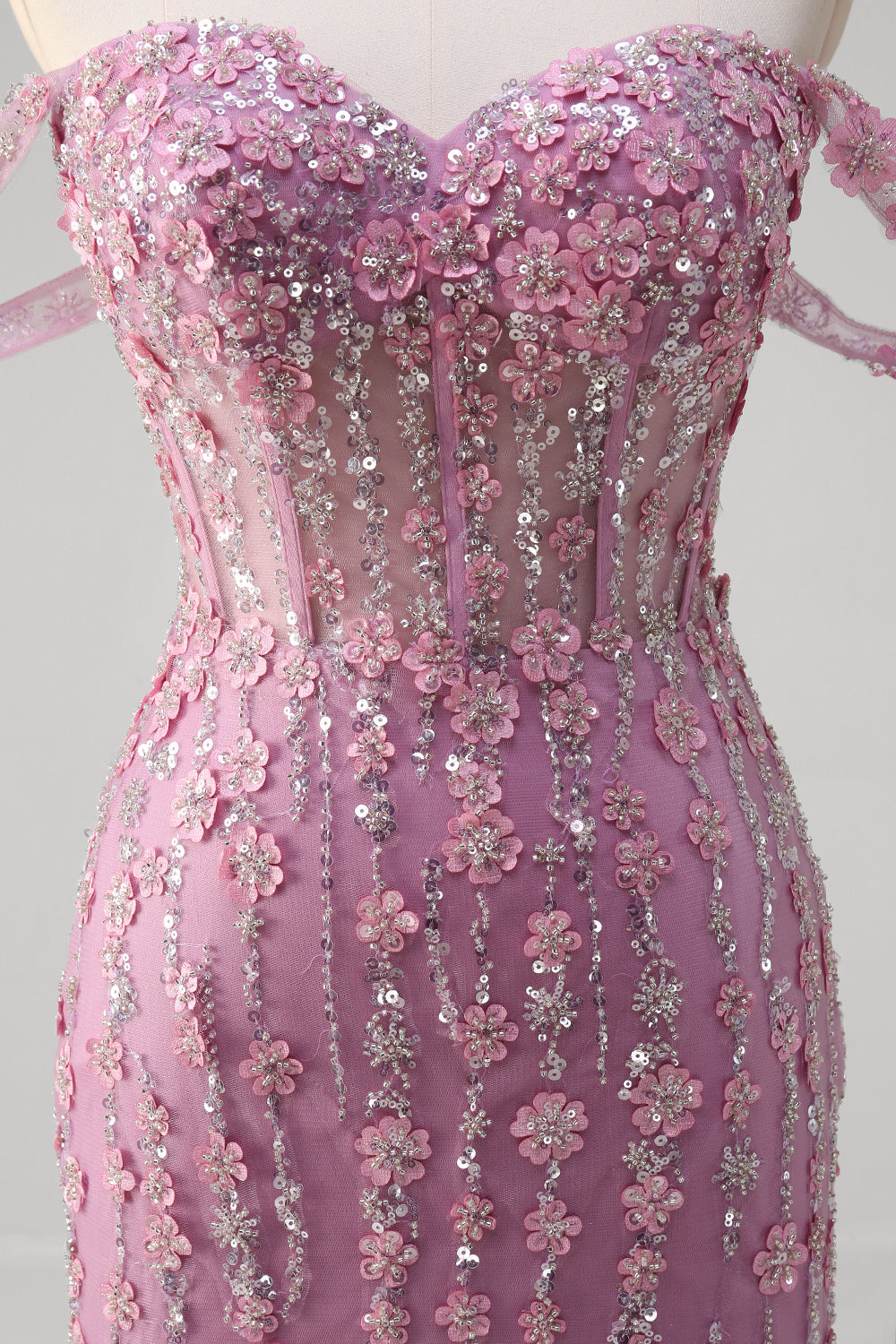 Grau Lila Meerjungfrau schulterfreies appliziertes Korsett Langes Ballkleid mit Tüll