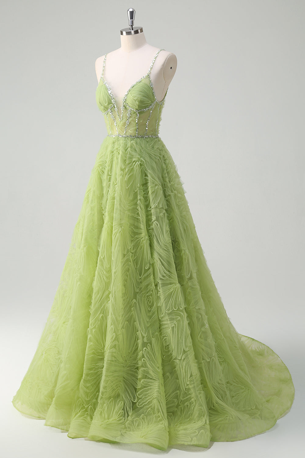Glitzernde Pailletten Grüne Prinzessin Spaghettiträger Rüschen Langes Ballkleid