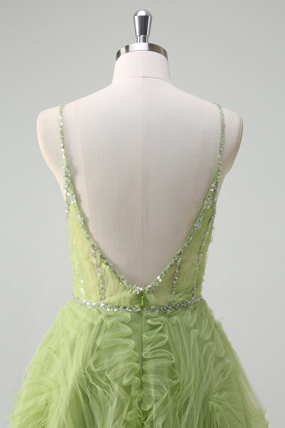 Glitzernde Pailletten Grüne Prinzessin Spaghettiträger Rüschen Langes Ballkleid