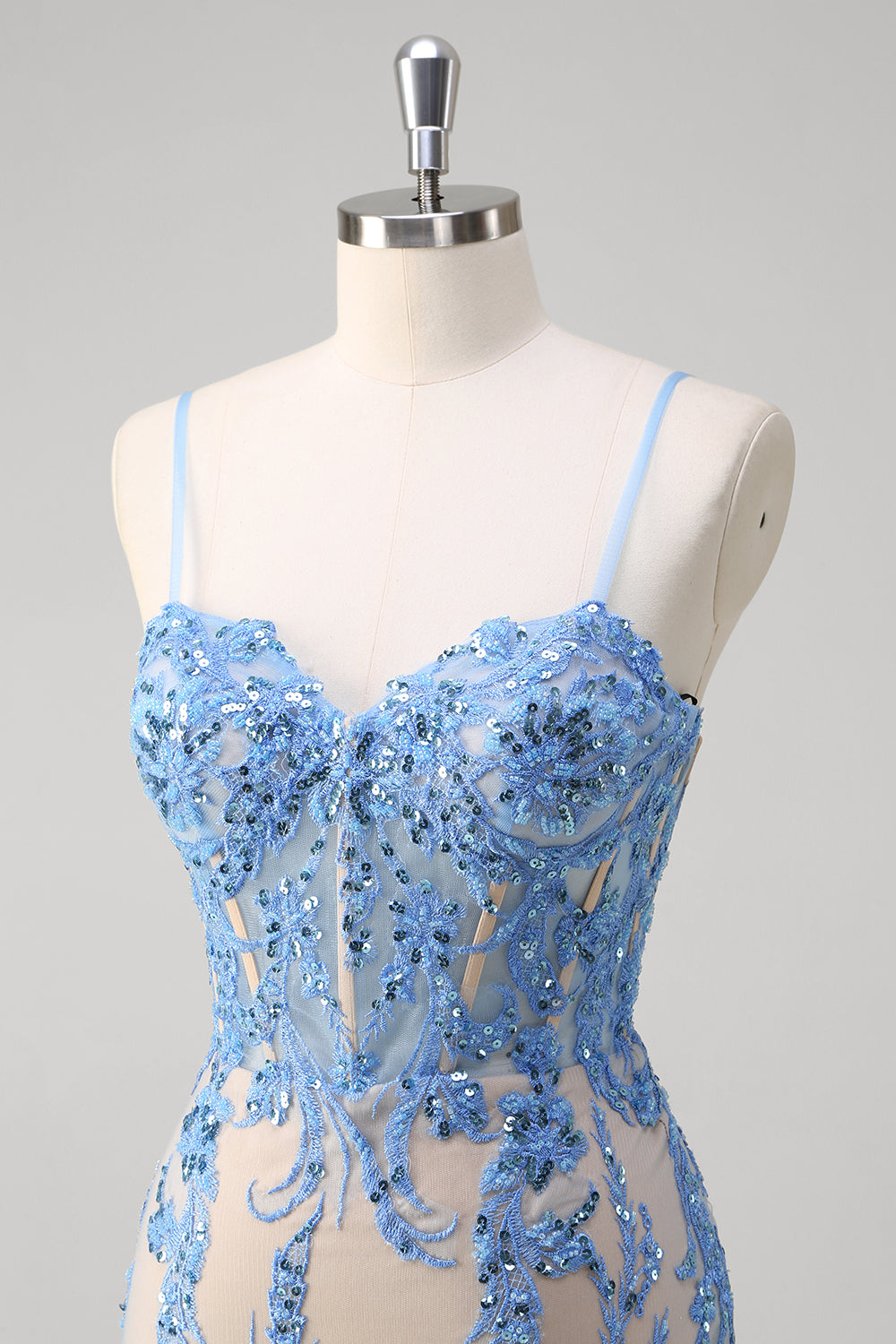 Blaues Meerjungfrauen Korsett Spaghettiträger Langes Ballkleid mit Pailletten