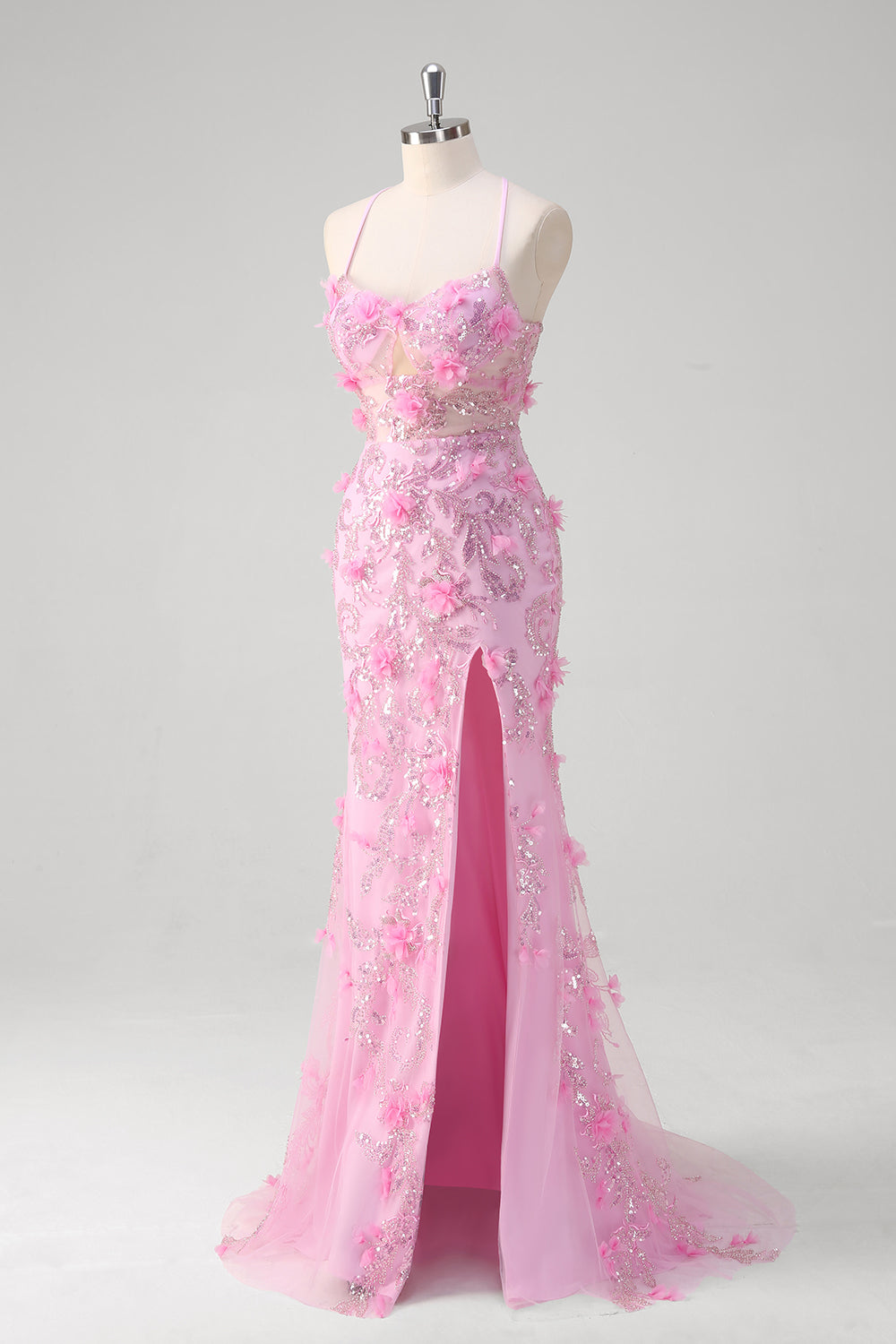 Rosa Meerjungfrau Spaghettiträger Pailletten Ballkleid mit 3D Blumen