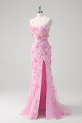 Rosa Meerjungfrau Spaghettiträger Pailletten Ballkleid mit 3D Blumen
