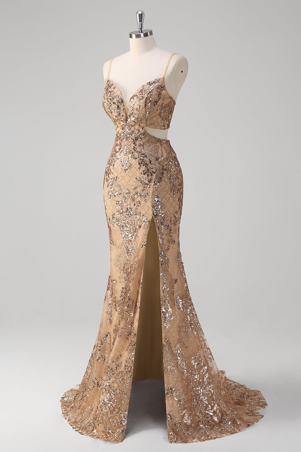 Champagner Meerjungfrau Spaghettiträger Pailletten Hollow Out Ballkleid