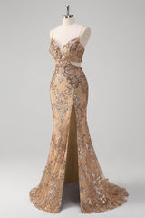 Champagner Meerjungfrau Spaghettiträger Pailletten Hollow Out Ballkleid