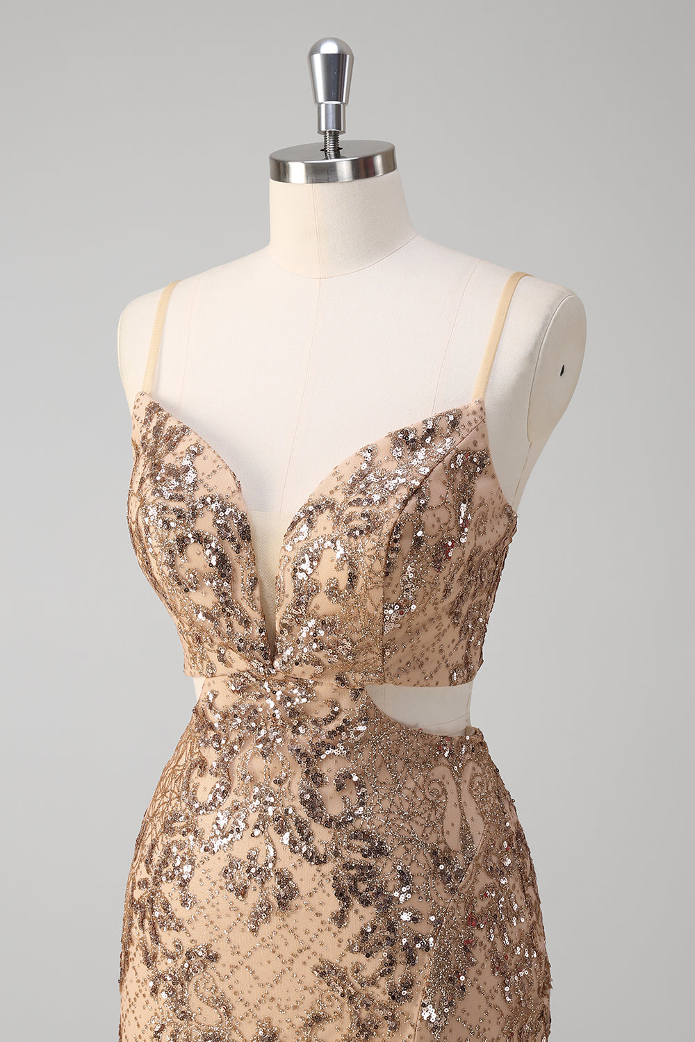 Champagner Meerjungfrau Spaghettiträger Pailletten Hollow Out Ballkleid
